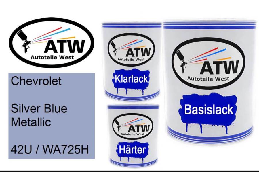 Chevrolet, Silver Blue Metallic, 42U / WA725H: 1L Lackdose + 1L Klarlack + 500ml Härter - Set, von ATW Autoteile West.